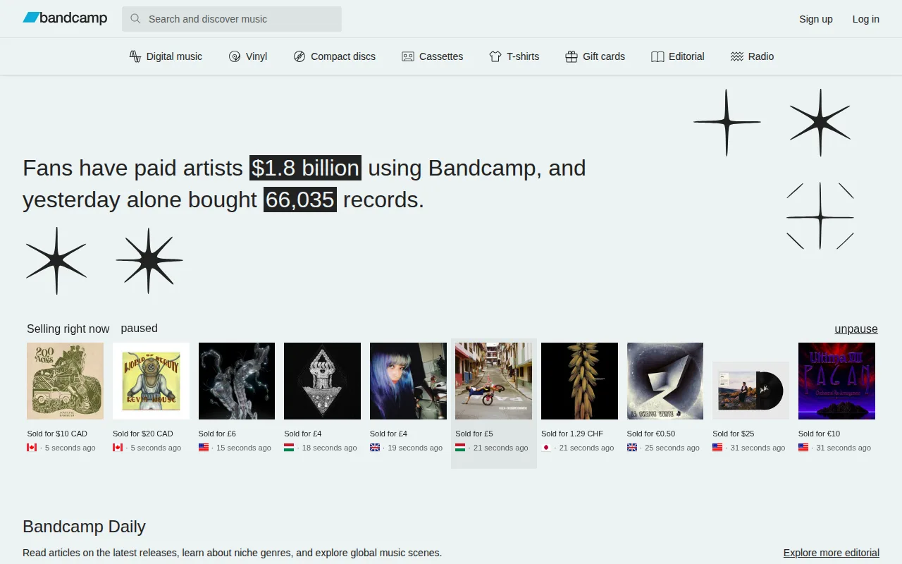 Screenshot of Bandcamp