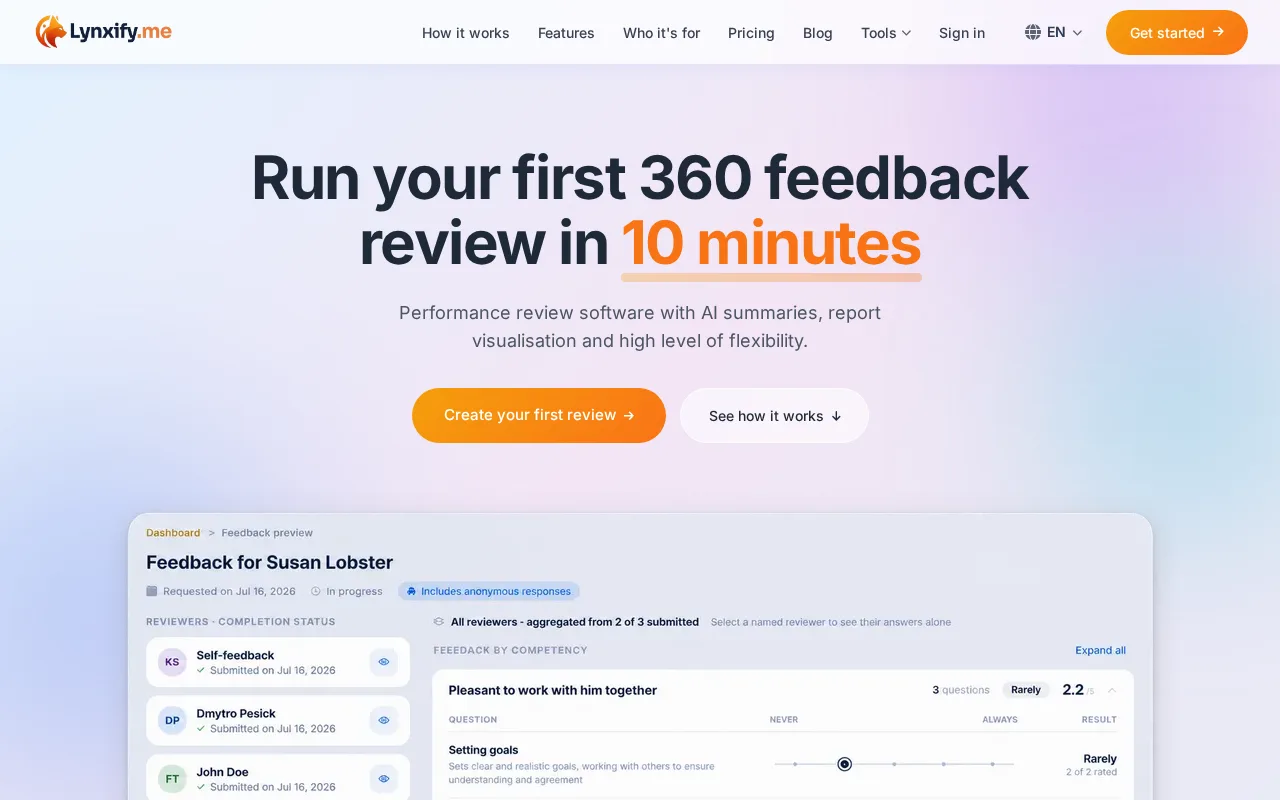 Screenshot of Lynxify.me - 360 feedback software