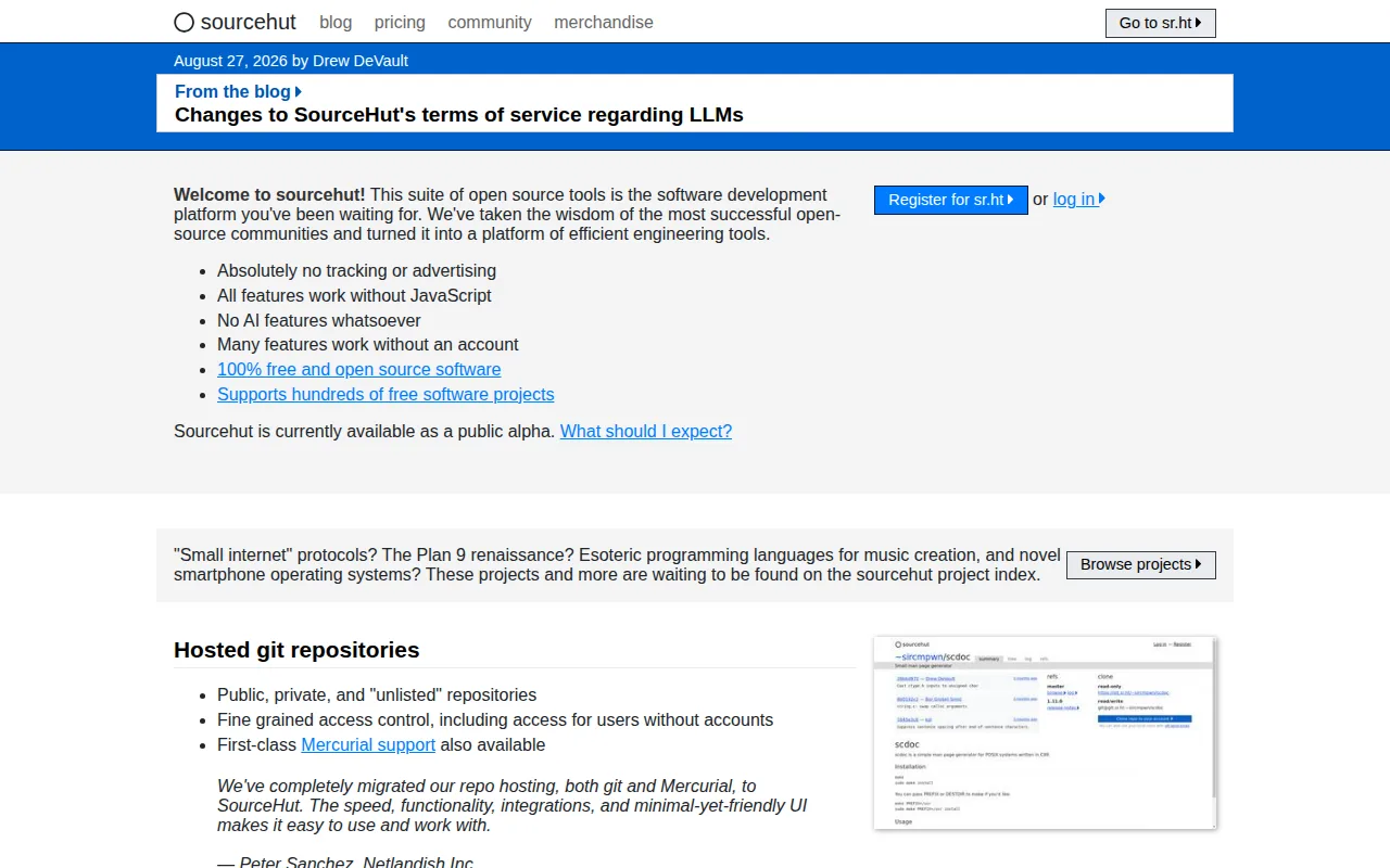 Screenshot of SourceHut