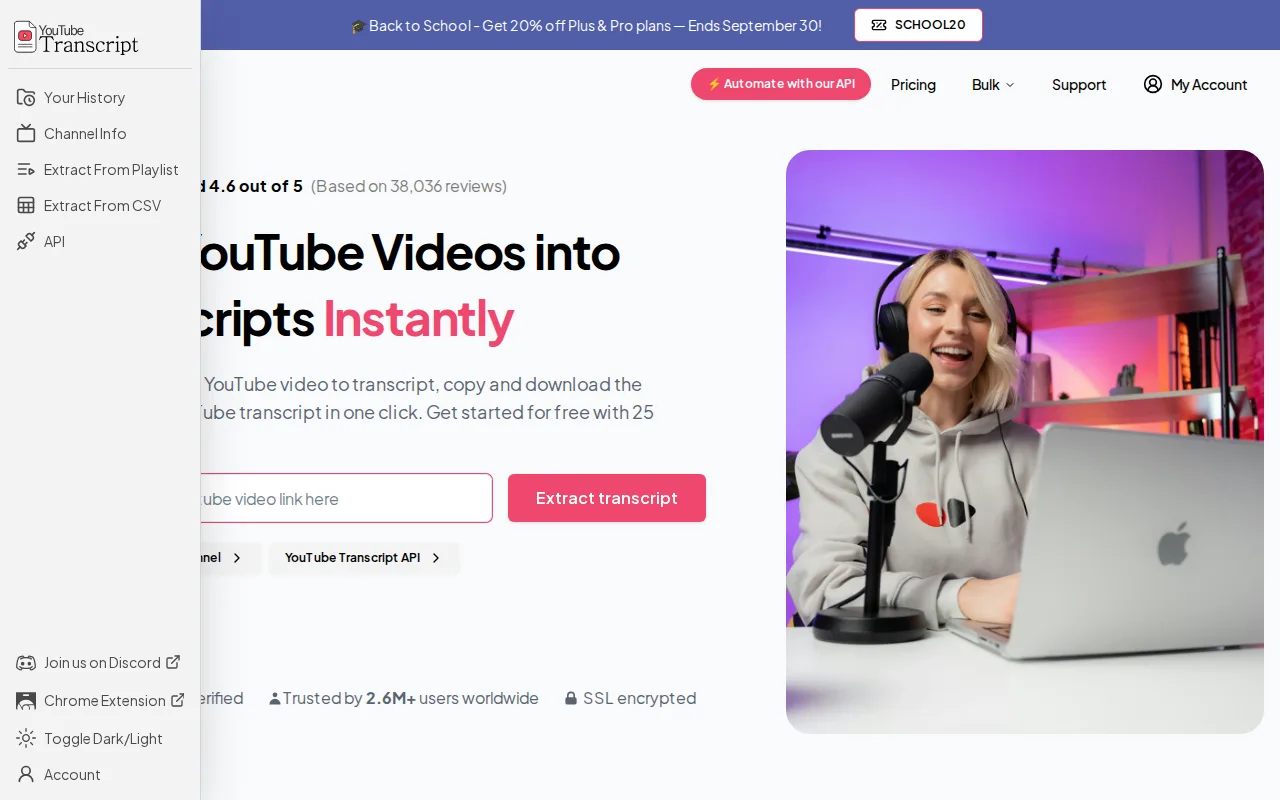 Screenshot of YouTube Transcript IO